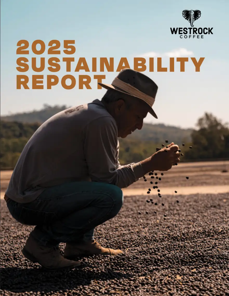 2025 sustainability report cover photo of farmer holding coffee beans